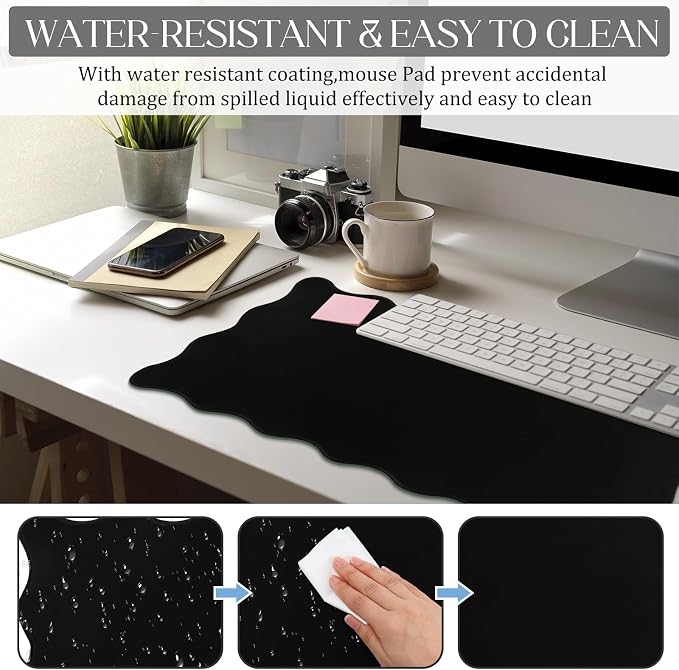 Hahafelt Scalloped Desk Mat Large Desk Pad Cute Coquette Table Mat Back to School Preppy Table Make up Pad Nonslip Graduation Gift with Stitching Waterproof Gaming(Black,23.6 x 13.8 Inches)