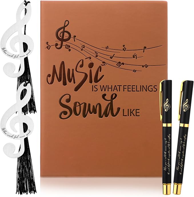 Thenshop 5 Pcs Music Lover Gifts for Women Men Music Teacher Appreciation Gifts Leather Notebook with Pens and 2 Bookmarks for Friend Musicians Piano Teacher Appreciation Birthday