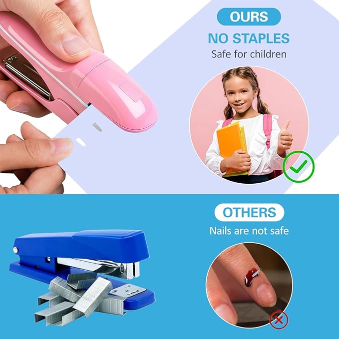Stapleless Stapler, Staplers for Desk,Mini Stapler,Office Supplies,Paper Clinch Compact Staple Free Staple,with Labor Saving Structure Design for Office School, Up to 8 Sheets Binding, Ivory Pink
