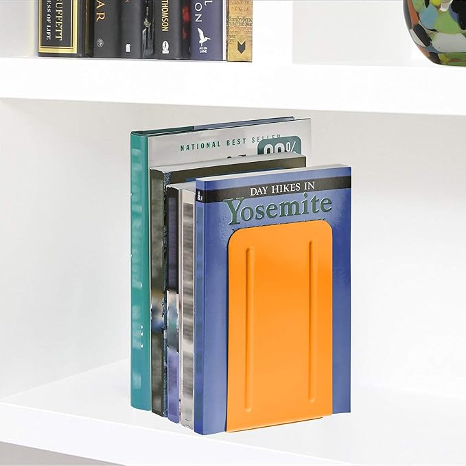 Acrimet Bookends for Shelves, Non-Skid Book Holder, Heavy Duty Book Stopper, Steel Metal Book Ends Storage for Home, Library, 6 7/8" H x 4" W x 4 1/2" D (Orange) (1 Pair / 2 Pieces)