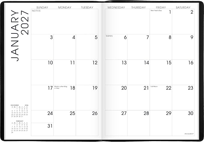 AT-A-GLANCE 2027 Planner, Monthly, 13-Month Jan-Jan, 7" x 10", Unruled Daily Blocks, Embossed Cover, Black (704320527)