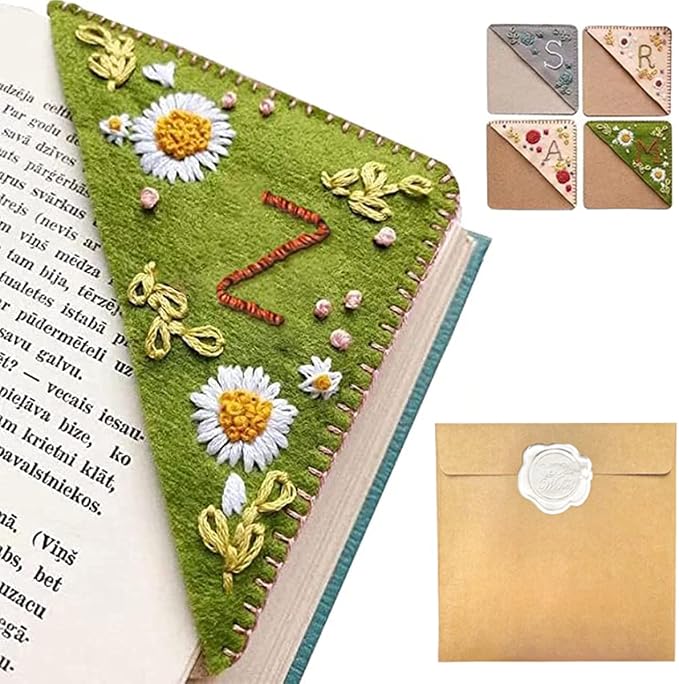 Personalized Hand Embroidered Corner Bookmark, 26 Letters Hand Stitched Felt Corner Letter Bookmark, Cute Flower Embroidery Bookmarks for Book Reading Lovers Meaningful Gift (Summer，Z