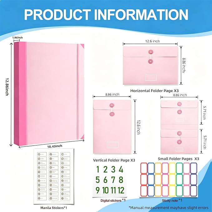 Important Document Organizer for Family Records, Home Filing System with Tabs and Pockets for Passport, Birth Certificate, Insurance Policies, Legal Documents and Important Papers(Pink)