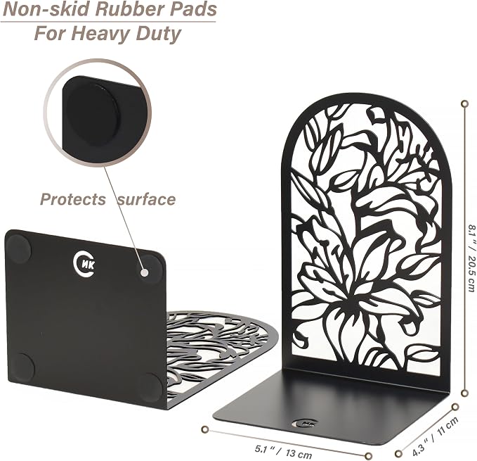 CNK Premium Bookends for Home Office, Heavy Books, Decorative Book Stoppers, Lily Flower Black