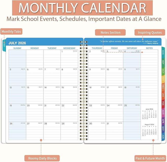 Teacher Planner 2026-2027 - Academic Planner Teacher Lesson Planner 2026-2027, July 2026 - June 2027, 8.5" x 11", Lesson Plan Book, Weekly & Monthly Lesson Calendar with with Colorful Laminated Tabs, Quotes, Inner Pocket