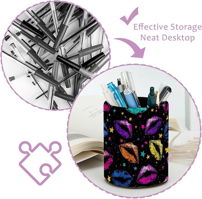 Colorful Lips Leather Pen Holder for Desk, Multifunctional Desktop Organizer Pencil Cup, Desktop Caddy Stationery Organizer for School Home Office Desk Accessories