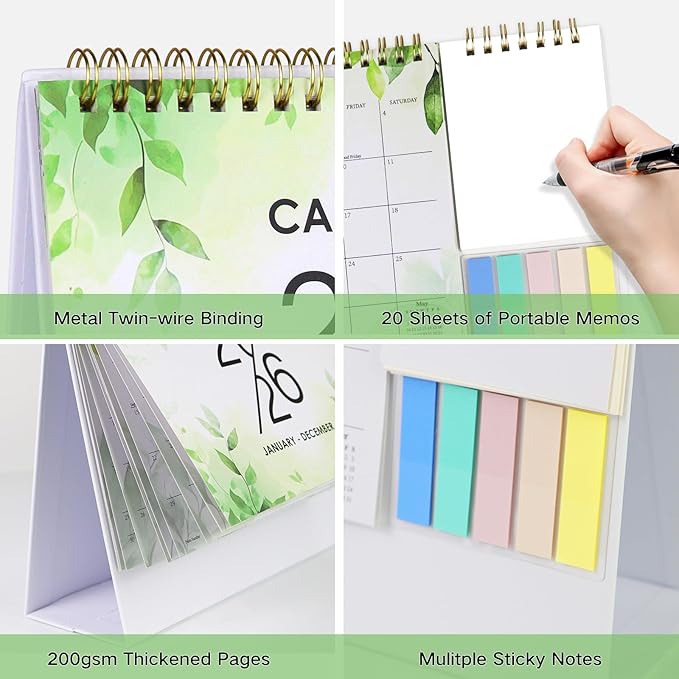 2026 Desk Calendar Small Standing Desktop Calendar (Jan-Dec. 2026) for Office Home Tabletop, 2026 Small Flip Calender with Writing Notepads and Sticky Notes, Green