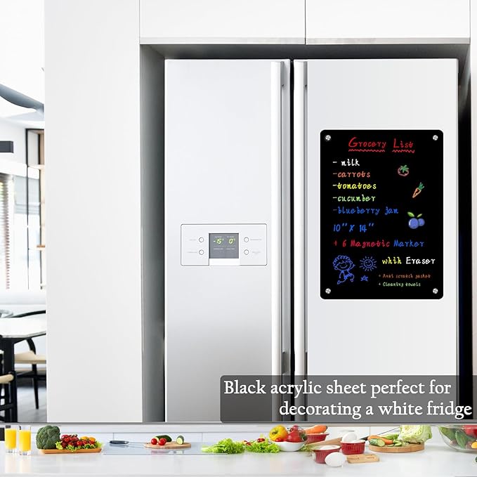 JonXon Acrylic Magnetic Dry Erase Board for Refrigerator,Acrylic Board for Fridge,to Do List for Fridge,Includes 6 Colors Markers(10" X 14” Black Blank)