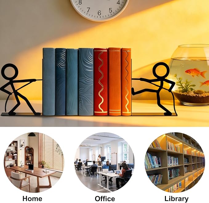 Metal Bookends People Book-End, Decorative Cute Book Ends for Shelves in Home Office Desk Book Holder, Bookshelf Decor & Gift -Tug of War