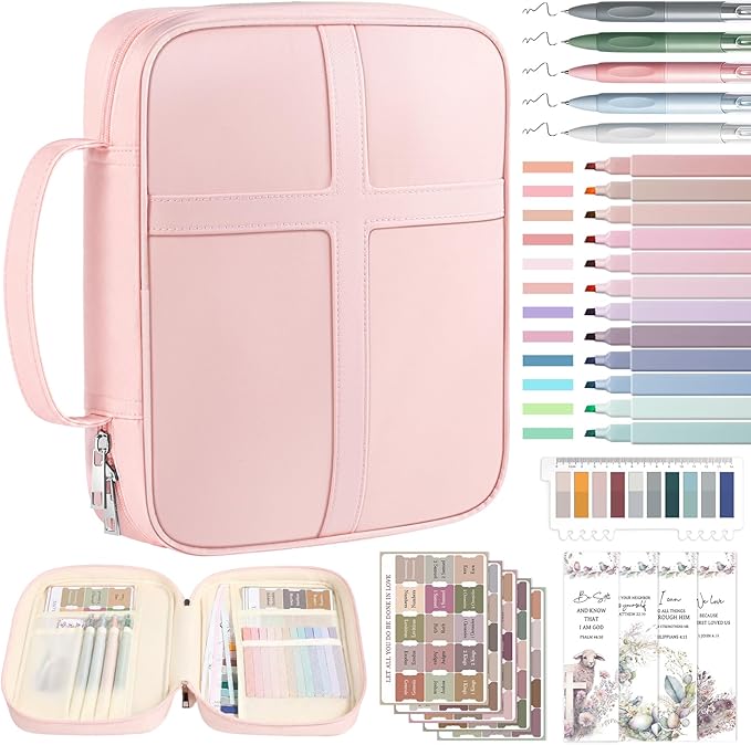 XKDOUS Large Bible Cover, Bible Bag with Handle, Durable Cross Design Bible Case with Bible Accessories, Bible Cover Case for Women and Men, Christian Gift (Pink)