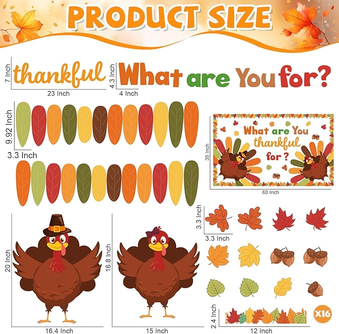 Fall Thanksgiving Turkey Classroom Bulletin Board Decorations We are Thankful Cutouts Autumn Maple Leaves Turkey Bulletin for Fall Harvest Student Teacher Wall Chalkboard Decor Supplies