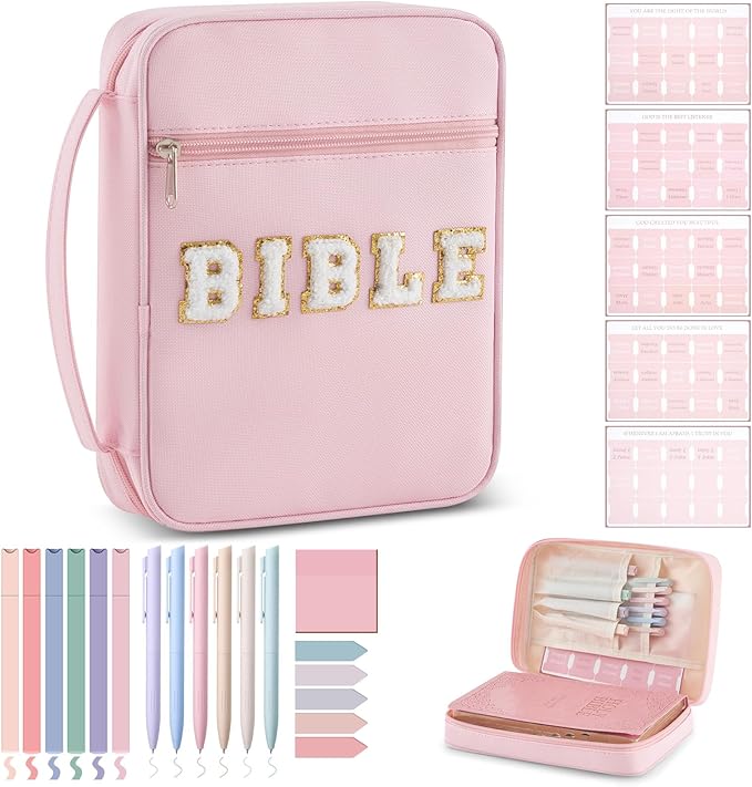 Sinload 24 Pcs Bible Cover Case for Women, Bible Study Supplies, Large Chenille Letter Pink Carrying Tote Bag with Handle Easter Christian Gifts Party Favor