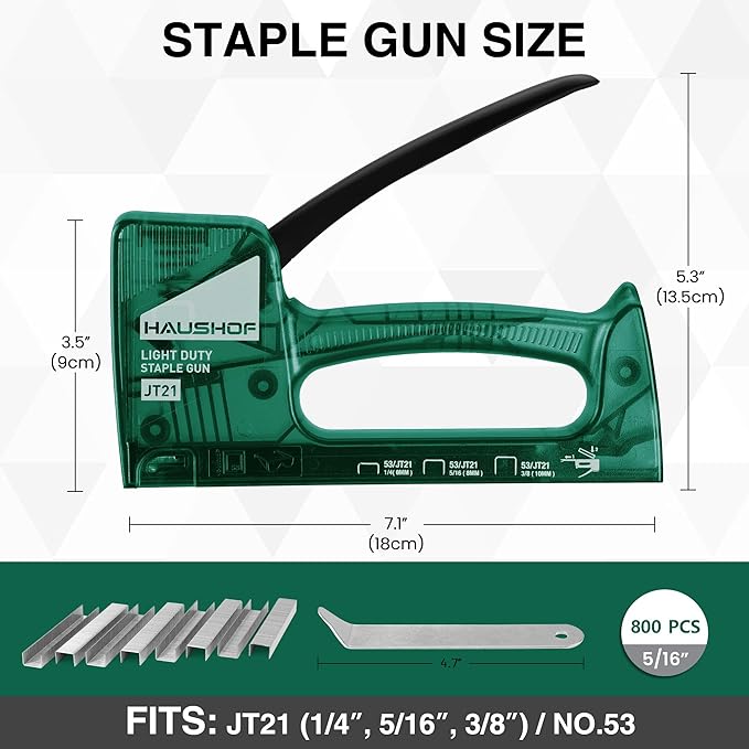 HAUSHOF Light Duty Staple Gun, Upholstery Staple Gun with 800PCS JT21 Staples and Stapler Remover, Fits JT21 Staple of 1/4'', 5/16'' & 3/8'', Used for Wood, Classroom, Crafts, DIY (Green Transparent)