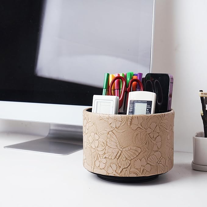 Round Leather Art Supply Organizer,Remote Control Holder,360-degree Rotating Pen Organizer with 4 Compartments(1-Butterfly Brown)