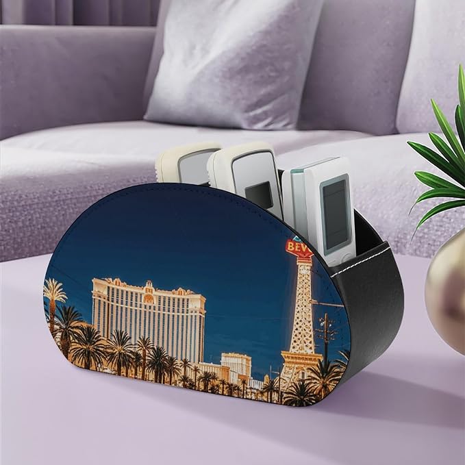 Las Vegas Night Remote Control Holder TV Remote Caddy with 5 Compartments PU Leather Storage Box Stylish Desk Organizer for TV/DVD/Accessories Desk Office Supplies Home