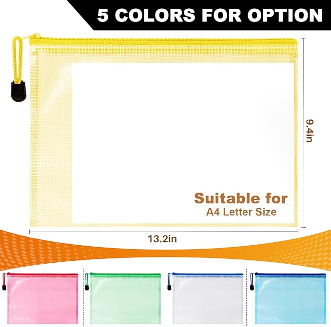Mesh Zipper Pouch Bags - 5 Pack Large Waterproof Zipper Bags 13.2 x 9.4 Inch Clear Mesh Storage Pouches Assorted Colors for Home, Office, School, Travel, Puzzles, Board Game, Cosmetic, Accessories