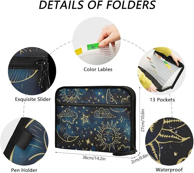 Expanding File Folder Sun Moon Boho Cosmos Astrology Accordion File Organizer 13 Pockets Document Organizer with Zipper Labels A4 Letter Office Storage