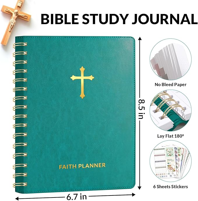 SUNEE Christian Planner - Undated 12 Month Bible Journal and Prayer Planner A5 Spiral Bound, Monthly & Weekly Christian Organizer Gifts for Women Men (Pacific Green)