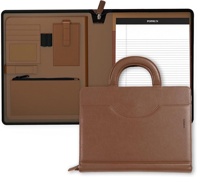 POPRUN Professional Zippered Portfolio Binder - Leather Padfolio Organizer with Notepad, Tablet Sleeve & Handles for Business, Meetings, Interviews, and Daily Office Use, Brown
