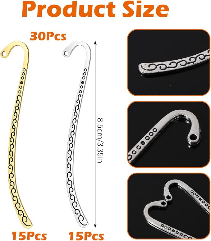 Tyqour 30PCS Metal Bookmarks Hairpin Hook Vintage Book Markers Carved Embossed Metal Bookmark Hooks for Teacher Reading Enthusiasts Jewelry Making Charms