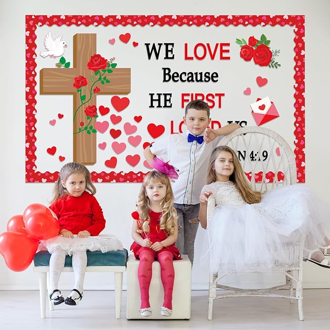 Valentine's Day Christian Bulletin Board Set Religious Bible Verse Classroom Decoration Inspirational Jesus Rose Cross Paper Cutouts Heart Bulletin Board Border for Church Sunday School VBS Wall Decor