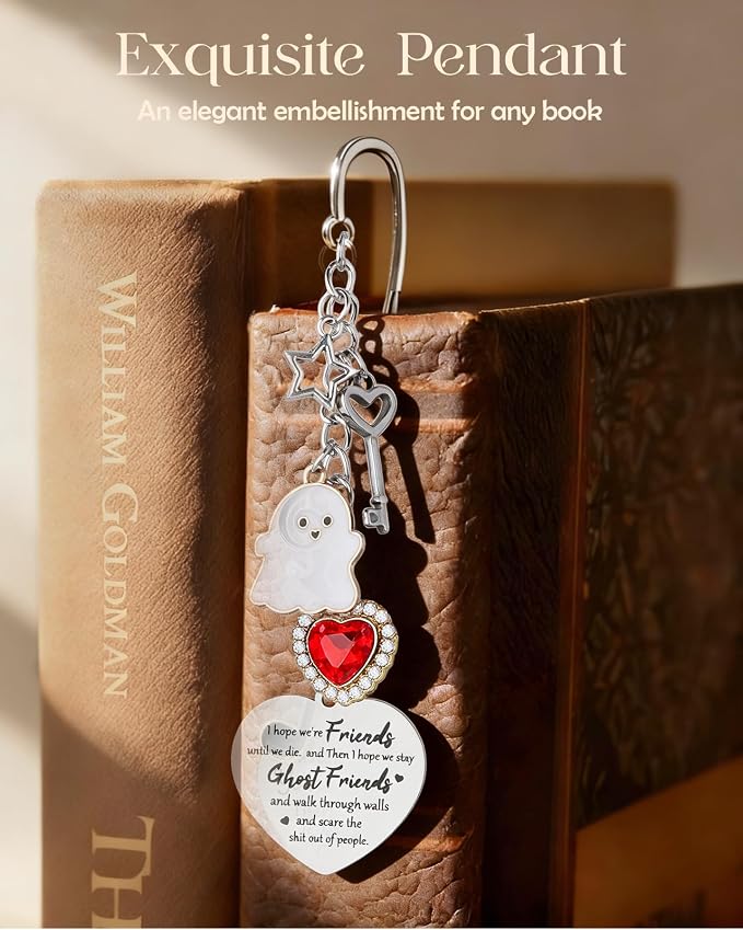 Buleens Bookmarks for Women Reading - Book Marks for Readers Book Lovers, Feather Funny Ghost Personalized Metal Bookmark with Pendants, Pretty and Aesthetic Book Accessories Reading Gifts