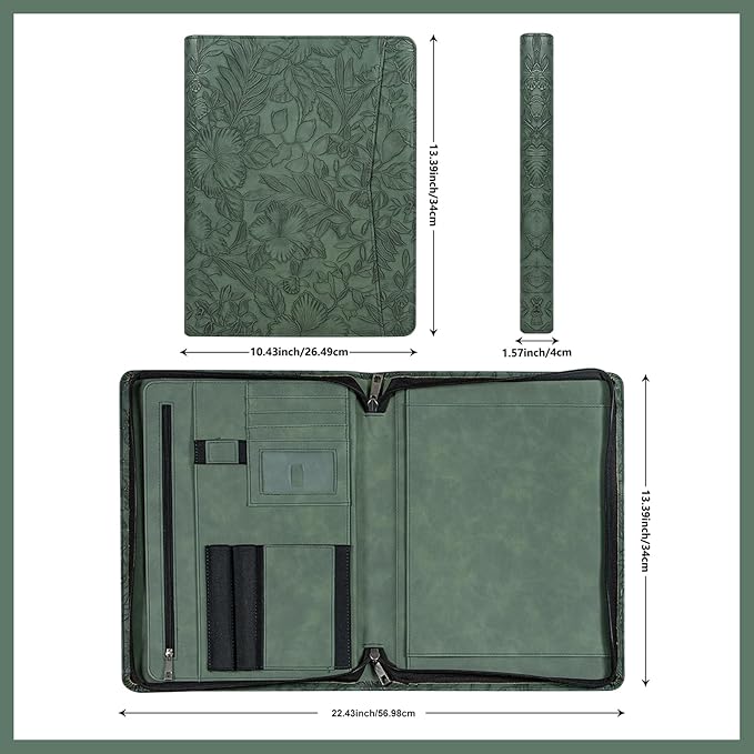 Calfinder Vegan Leather Portfolio with Zipper, Professional Business Padfolio with A4 Writing Pad Holder, Green Christmas Gifts, Resume Folder for Men and Women (Dark Green, Customized)