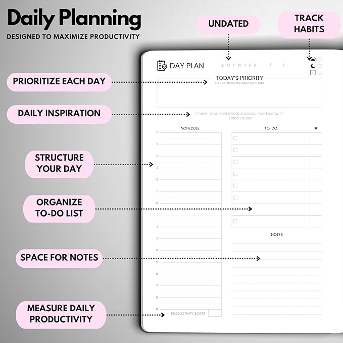 Wyze Planner Undated Daily Planner – 6-Month A5 Productivity Organizer with Full Page Per Day, Hourly Schedule, Goal Setting, Habit Tracker, Weekly & Monthly Pages – Hardcover Time Management Notebook (Pink)