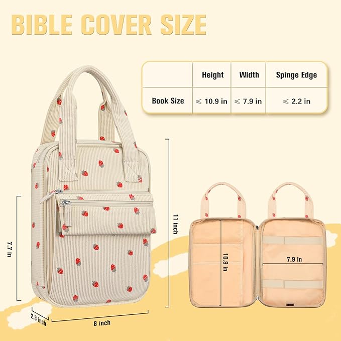 FINPAC Bible Cover Case Tote Bag Water-Resistant Bible Carrying Case Christian Gifts for Church Study Supplies, Corduroy Strawberry