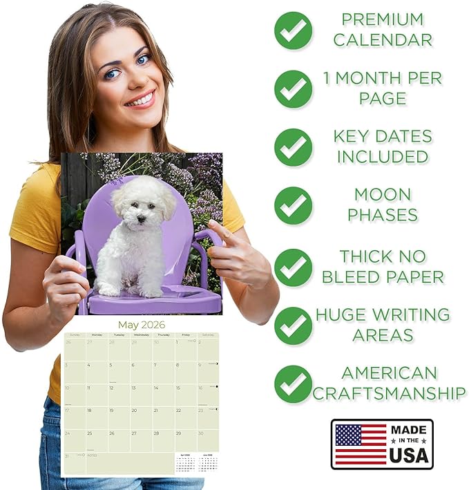 Bichon Frise Calendar 2026 by MegaCalendars – Monthly Dog Breed Wall Calendar, Made in USA