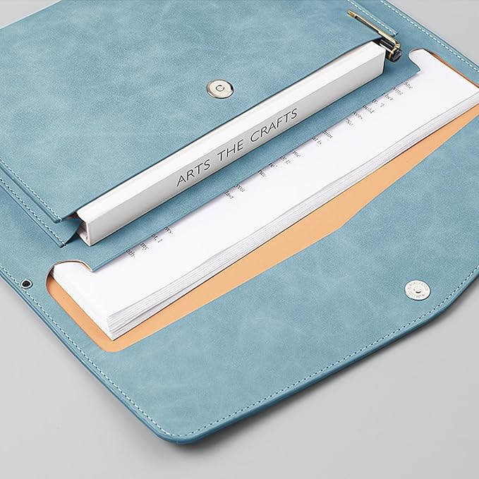 PU Leather A4 File Folder Document Holder with 2 Compartments Envelope Folder Case with Snap Closure for Receipt Contract (Cyan)