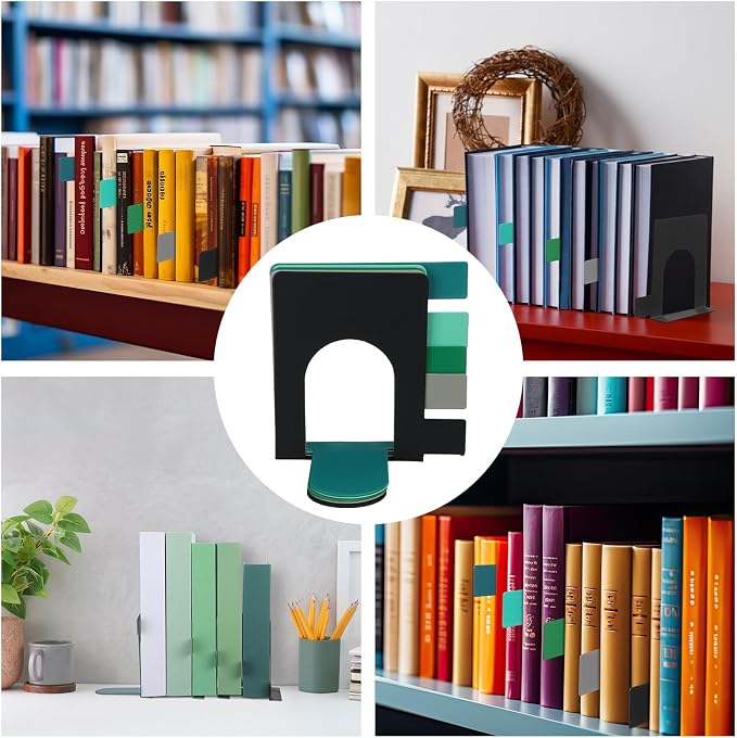 5 Set Metal Book Ends for Shelves Book Shelf Dividers Library Shelf Marker Bookends Stopper Colorful Office Stand Holder for Heavy Books Desk Home Movies Kitchen Cds(Gray Green)
