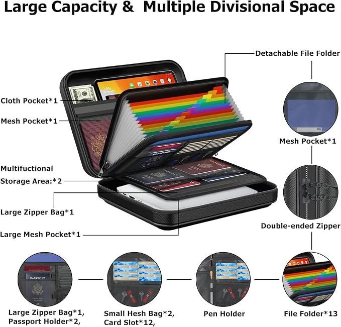 Fireproof Document Box with Lock & Shoulder Strap - Waterproof Hard-Shell File Organizer with Pocket Accordion File Folder, Portable Fireproof Box Safe Storage for Important Documents, Laptop