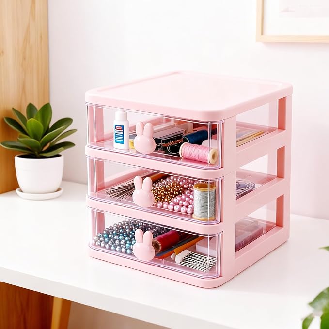CEYAZYE Small Desk Organizer with Drawer, Stackable Makeup Organizer White, Mini Plastic Storage Box for Desktop, Bathroom Counter or Dresser, School, Home, Office (Pink-3 Tier)