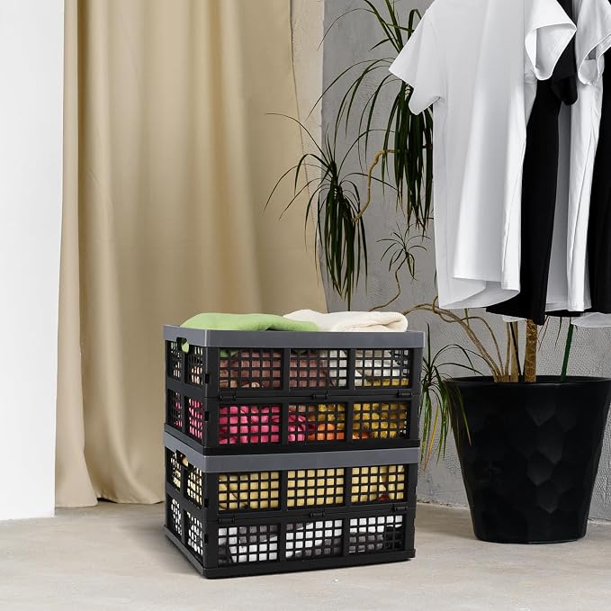 34 L 3 Packs Plastic Foldable Crate with Handle, Stackable Collapsible Utility Crates