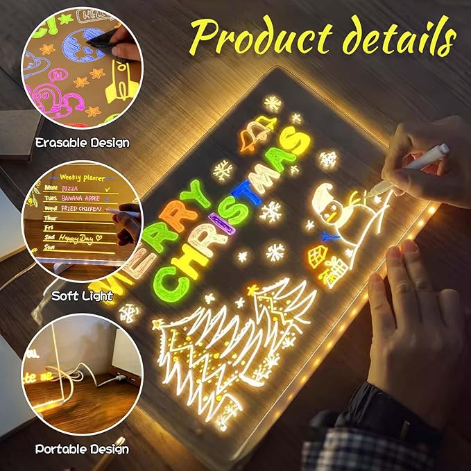 2026 New LED Note Board with Colors, Creative Rewritable Acrylic LED Message Board with Light, Light Up Dry Erase Board with Stand Letter Board Note Glass Clear Board with 7 Pen (20x20CM)