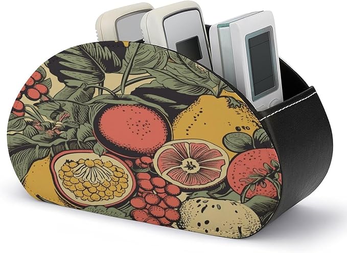 Remote Control Holder,Fruits And Leaves Printed PU Leather Remote Caddy Desktop Organizer with 5 Compartments for Media Accessories & Office Supplies Storage