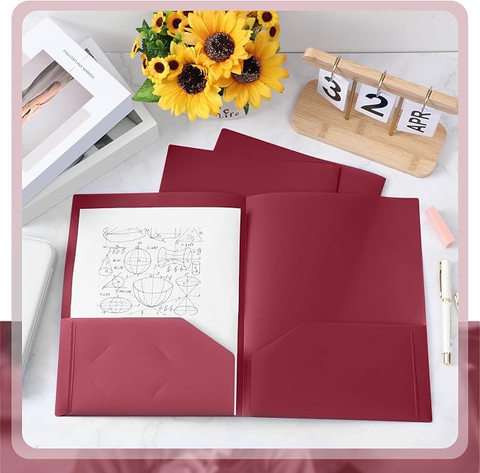 Gueevin 100 Pack Plastic Folder with Pockets, 2 Pocket Folders, Plastic Glossy Folders Fit Letter Size Paper, Heavy Duty Durable File Folder with Business Card for Home Office School (Dark Red)