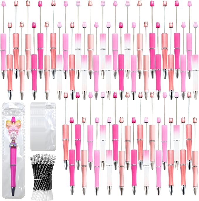 300 Pieces DIY Beadable Pen Kit – 100 Plastic Ballpoint Pens with Refills & Bags – School Supplies, Office Accessories & Decorative Items for Students & Teachers (Pink)