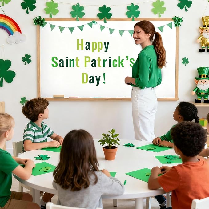 FYSUIMU 134 Pcs St. Patrick's Day Bulletin Board Letters Alphabet Number Symbol Paper Cutouts Green Colored Decor Letters Combo Set with 200 Pcs Glue Points for Home Classroom Irish Party