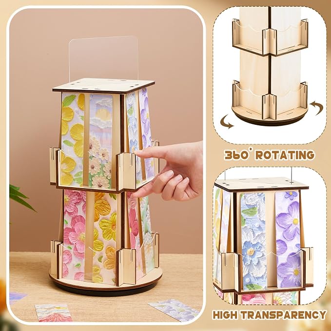 Marsui 2 Tier Wooden Rotating Bookmark Display Stand, 5.9 x 14.2 Inches 4 Sided Bookmark Sticker Holder, 360° Rotating No Assembly Required for Vendors, Retail, Showcase, Trade Show