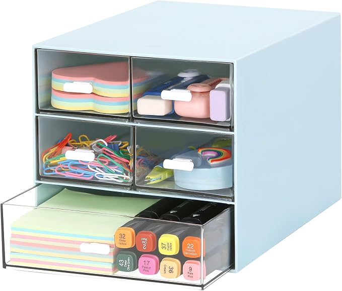 Desk Organizer with 5 Drawers, Rectangular Office Stationery Supplies Desktop Drawers, Plastic Makeup Storage, Suitable for Office, School, Home (Blue & 5 Drawers)