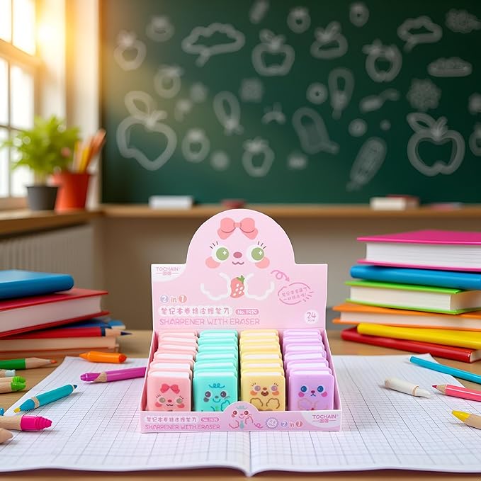 4pcs Multicolour Cute Dual Purpose Book Pencil Sharpener Eraser, Cute Cartoon Student Eraser Pencil Cute,Office and School Supplies
