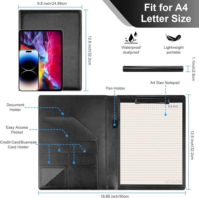 Clipboard Padfolio with Storage Pocket,Clipboard Folder Portfolio Organizer,360 Degree Foldable Clipboards with Refillable Notepad,Faux Leather Padfolio Organizer for Office School Supplies-Dark Black
