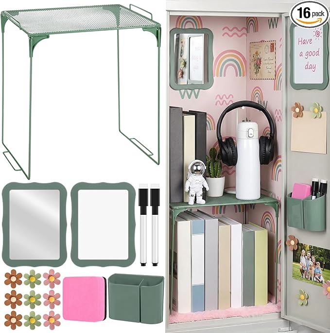Colarr 16 Pcs Dark Green Locker Accessories for Girls Includes Magnetic Whiteboard & Mirror Locker Shelf Pen Holder 2 Dry Erase Marker & Eraser 9 Flowers for Back to School Essentials Decoration