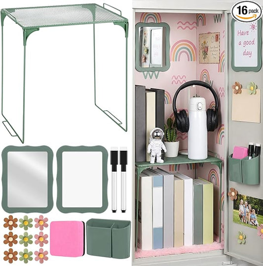 Colarr 16 Pcs Dark Green Locker Accessories for Girls Includes Magnetic Whiteboard & Mirror Locker Shelf Pen Holder 2 Dry Erase Marker & Eraser 9 Flowers for Back to School Essentials Decoration