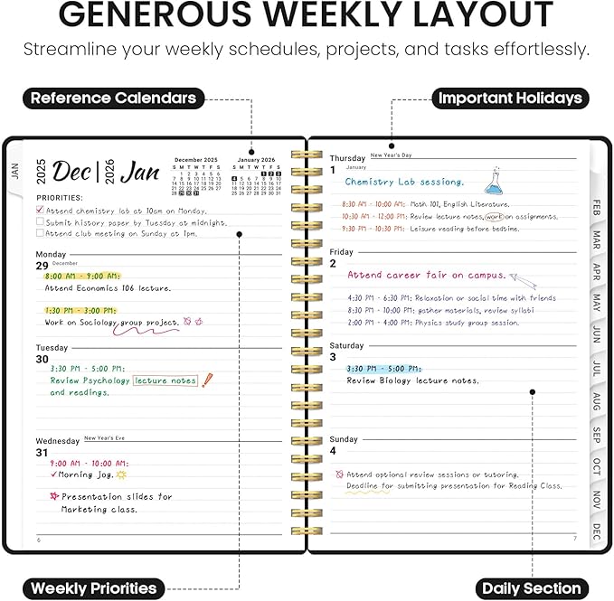 2026 Planner, Weekly and Monthly Calender Planner, Jan 2026 to Dec 2026, Hardcover 2026 Calendar Book with Tabs & Inner Pocket, Office Home School Supplies for Women & Men - A5 (6.3" x 8.5"), Black