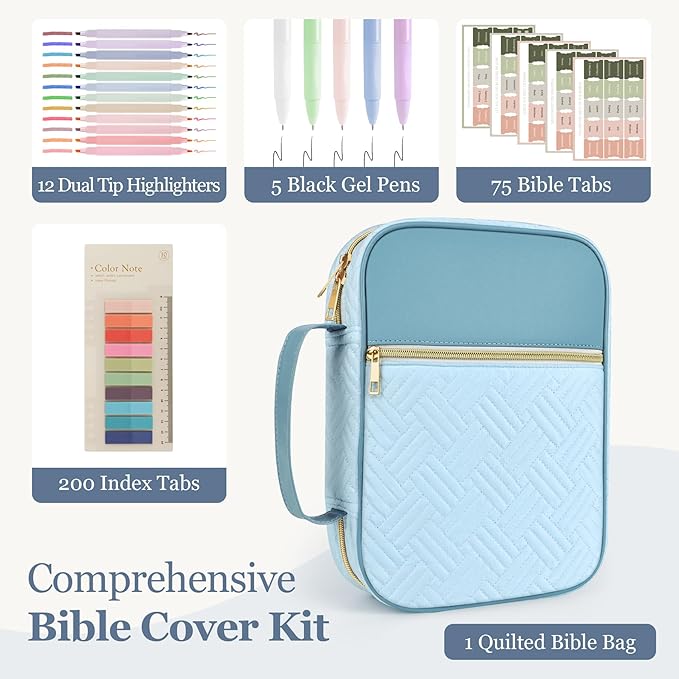 Ndsox Bible Cover Case with Handle for Women, Quilted Fabric & Vegan Leather Carrying Book Case Church Bag Bible Study Supplies Accessories Christian Gifts for Mother Lady Women Men, Blue