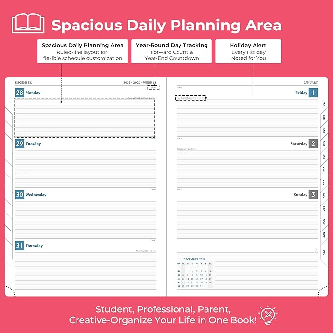 Weekly Monthly 2026-2027 Planner (July 26-Dec 27),11.5"x8.5",18 Months Agenda Plan with Month Tabs & Pocket,Expenses/Note Pages, Academic Calendar with Vegan Leather Cover,Rose Red