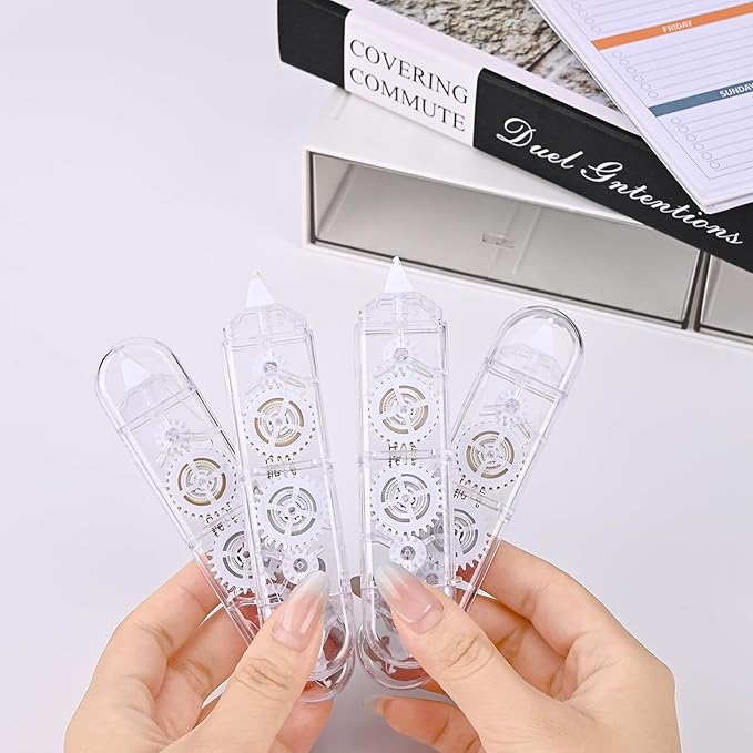 Temiary 4 Pcs 2 in 1 White & Beige Correction Tapes Pens, Quick Dry White Smooth Pull Out Pen for Writing, Cute Tapes Easy to Use for Classroom Office Back to School Supplies (Transparent)